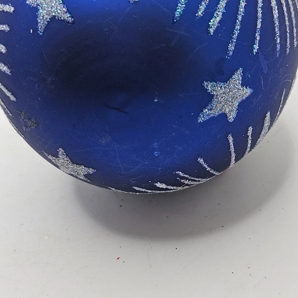 Vintage Blue Glass Christmas Ball Ornament Glitter Starburst Purple Jewel